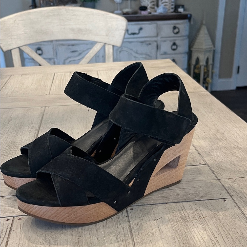 Eileen Fisher Black Suede Wedge Sandals with Wood-Look Platform